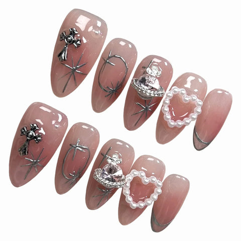 10pcs Blush Pink Fake Nail Patches Handmade Pearl Love Heart Press On Nails Planet Cross Designs Detachable Almond