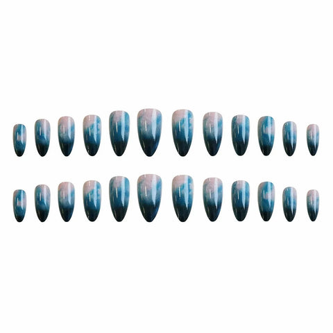 24pcs Dark Blue Gradient Oval Fake Nails Press On Nails French Spotting Gentle False Nails Short Almond Artificial Nail Wearable