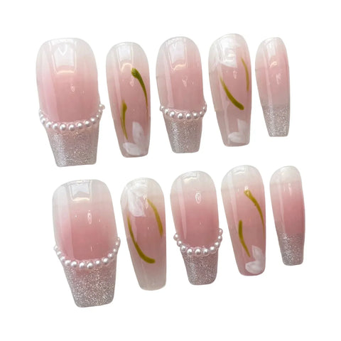 10pcs Blush Pink Press On Nails Handmade Wearable Fake Nail Patches With Pearl Flower Designed Korean Style False Nail Tips