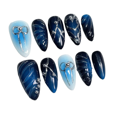 10pcs Handmade Press On Nails Blush Gradient Blue 3D Water Ripple Bowknots Decor Y2k Style False Nails Wearable Almond Manicure