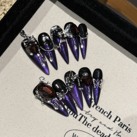 10pcs Punk Style Handmade Fake Nails Y2k Black Sliver Metal Chain Decors Press On Nails Medium Coffin Detachable Manicure Art