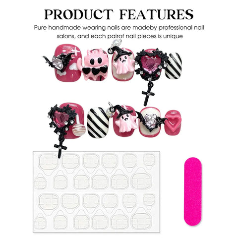 10pcs Halloween Theme False Nail Tips 3D Devil Love Heart Designs Press On Nails Rose Pink Short Round Handmade Fake Nails Art