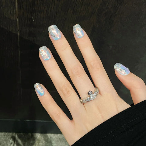 10pcs Handmade Press On Nails Aurora Short T & Long Stiletto Shape Fake Nail Set Silver Metal Designs Spicy Girl False Nail