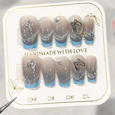 10pcs Blue Edge French Tips Press On Nails Handmade Grey Cat's Eye False Nail With Metal Butterfly Decor Short Reusable Manicure