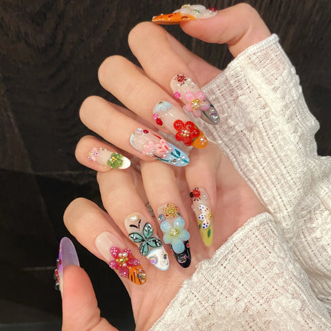 10pcs Creative Summer False Nails Handmade 3D Colorful Flower Insect Designs Press On Nails Y2k French Style Spring Fake Nail