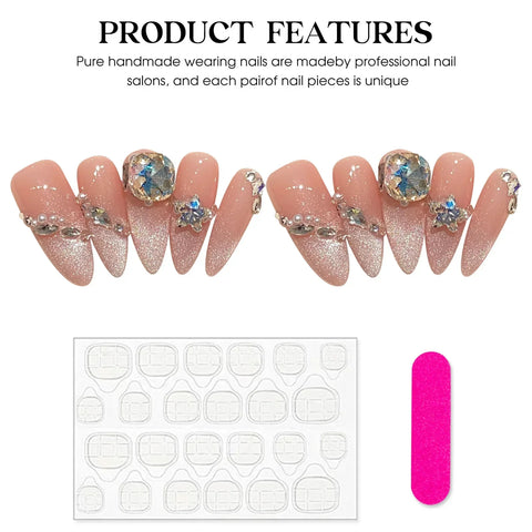 10pcs Sequins Cat's Eye Press On Nails Handmade Pink Fake Nail Patches With Glitter Diamond Designes Reusable French False Nails