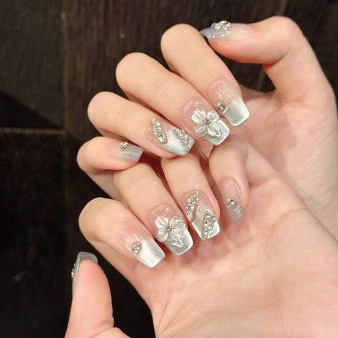 10pcs Hand-carved 3D Ice Flower Press On Nails Light Blue French Style Cat Eye Handmade False Nail Ins Charm Wearable Fake Nail