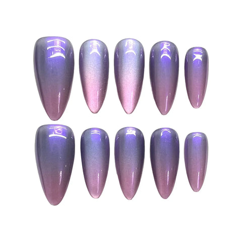 10pcs Glossy Cat's Eye Press On Nails Nude Purple Color Wearable Almond Handmade False Nails Daily Party Manicure For Women