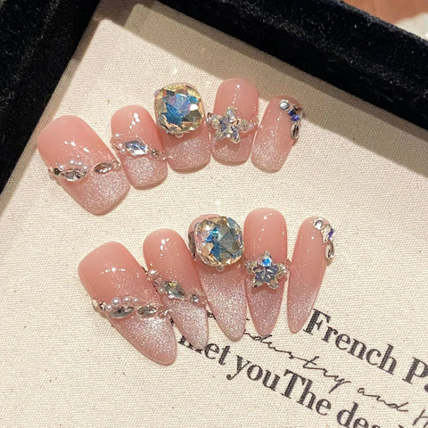 10pcs Sequins Cat's Eye Press On Nails Handmade Pink Fake Nail Patches With Glitter Diamond Designes Reusable French False Nails