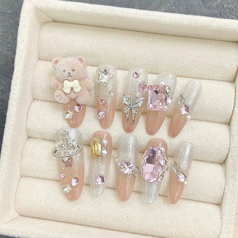 10pcs Handmade Press On Nails Glitter Diamond Butterfly Cute Bear Decor False Nail Tips Wearable French Style Fake Nail Patches