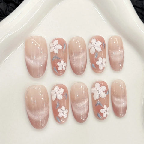 10pcs Hand-painted White Flower Press On Nails Glossy Pink Almond Cat's Eye False Nails Sweet Spring Detachable Fake Nail Tips