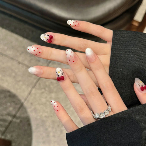 10pcs Hand-painted Cat's Eye Press On Nails Kawaii Cat 3D Bowknots Decor False Nails Glossy Almond Simple Charming Fake Nail Tip