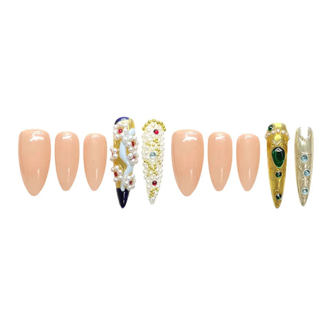 10pcs Handmade Press On Nails Chinese VIntage Court Style False Nails Almond And Long Pointed Luxury Artificial Fake Nail Patch