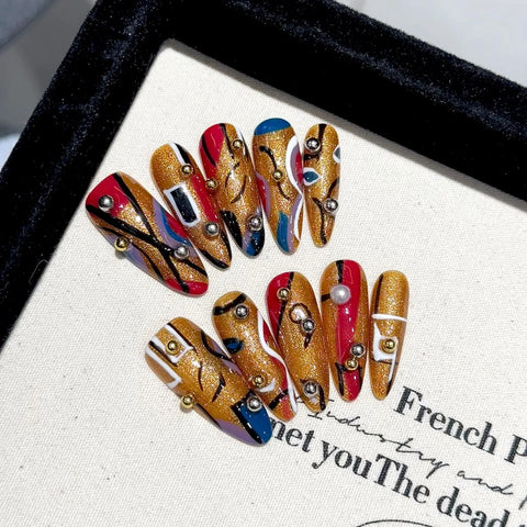 10pcs Handmade Press On Nails Long Coffin Gold Star Love Heart Pearl Designs False Nail Light Luxury Fake Nail For Women Girls