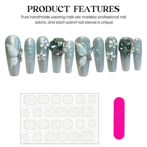 10pcs Blue Green Fake Nail Tips Long Coffin Handmade Press On Nails Butterfly Flower Big Glossy Diamond Designs False Nails