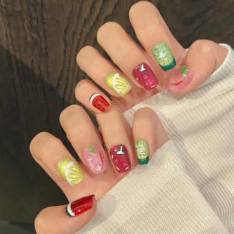 10pcs Summer Colorful Painting Fruit False Nail Tips Handmade Glitter Cat's Eye Press On Nails Hawaii Dopamine Fake Nails