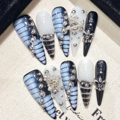 10pcs Handmade Press On Nails Autora Blue Long Stiletto Fake Nail Tips French Style Alligator Print Diamond Decor False Nails
