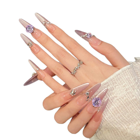 10pcs Charming Blush Handmade False Nails Gradient Purple French Long Almond Fake Nail With Glossy Rhinestone Press On Nails