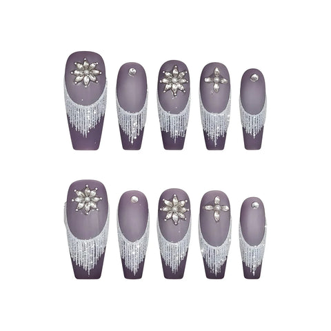 10pcs Handmade Press On Nails Purple Frosted Snown Shape Diamond Decor False Nails Miedium T French Style Fake Nail Patches