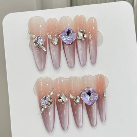 10pcs Charming Blush Handmade False Nails Gradient Purple French Long Almond Fake Nail With Glossy Rhinestone Press On Nails