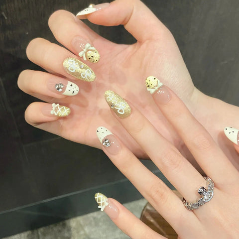 10pcs Handmade Press On Nails Kawaii Almond White French Bowknots Decor Fake Nails Shiny Gold Powder Cat Eye Sweet False Nail
