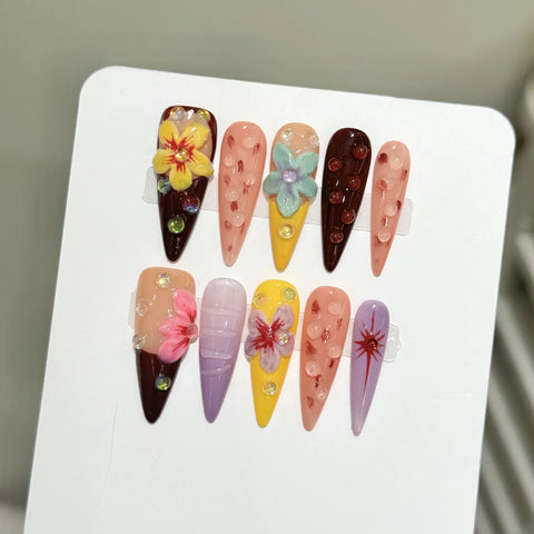 10pcs Tropical Flower Handmade Press On Nails Colorful Blossom Summer Day Dopamine False Nails Long Stiletto Sweet Cool Manicure