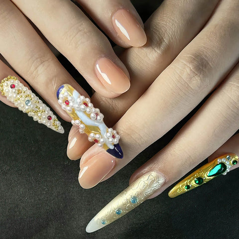 10pcs Handmade Press On Nails Chinese VIntage Court Style False Nails Almond And Long Pointed Luxury Artificial Fake Nail Patch