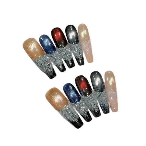 10pcs Spicy Girls Wearable Fake Nails Starry Sky Cat's Eye Long Coffin Handmade Press On Nails Full Shiny Diamond Y2k False Nail
