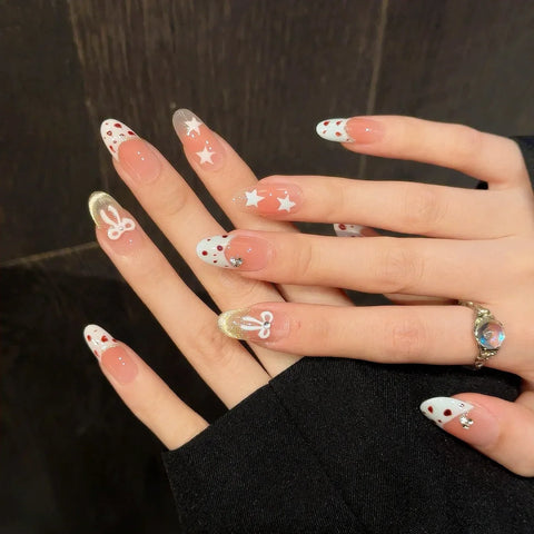 10pcs Cute Short Almond Press On Nails White Edge Leopard Print French Style Handmade False Nails Bowknots Star Blush Fake Nail