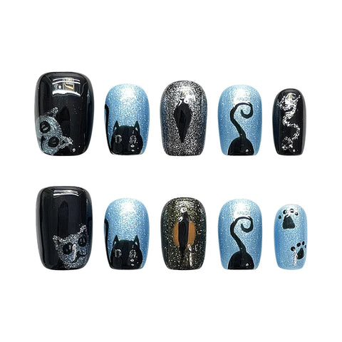 10pcs Glossy Blue Black False Nails Handmade Flash Short Square Fake Nail Patches Hand Painted Cute Cat Designs Press On Nails