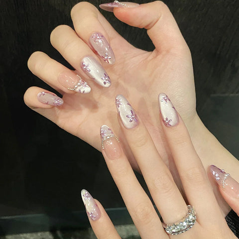 10pcs Handmade Press On Nails Light Purple French Style Cat's Eye False Nails Gentle Flower Designs Wearable Fake Nail Tips