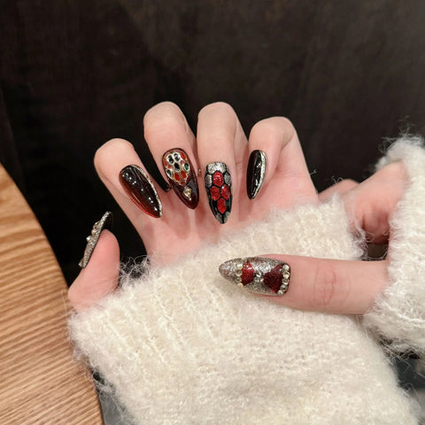 10pcs Handmade Press On Nails For Hot Girl Dark-red Almond Glitter Powder Design False Nails With Glossy Diamond Decor Fake Nail