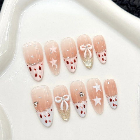 10pcs Y2k Bowknot Star Press On Nails Sweet Blush Pink Leopard Print French Style Handmade False Nail White Edge Almond Manicure