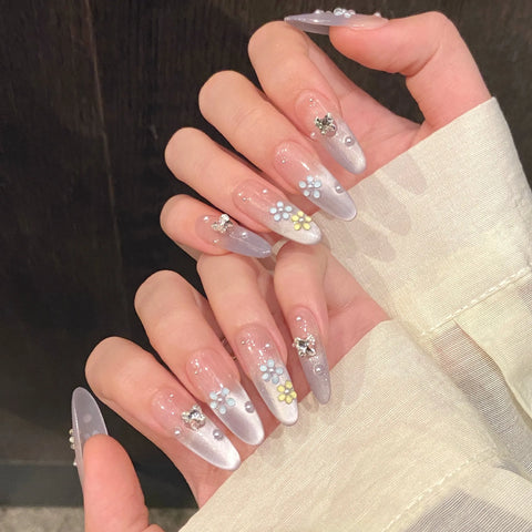 10pcs Candy Ice Flower False Nails Handmade Light Blue French Style Ctystal Butterfly Press On Nail Dopamine spring Fake Nails