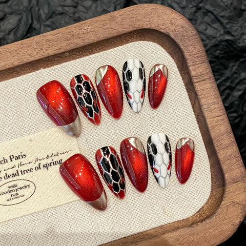 10pcs Handmade Press On Nails For Hot Girl Dark-red Almond Glitter Powder Design False Nails With Glossy Diamond Decor Fake Nail