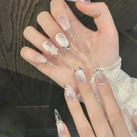 10pcs 3D Ice Transparent Flower Press On Nails Glitter Rhinestone False Nails Light Purple French Cat Eye Handmade Fake Nail
