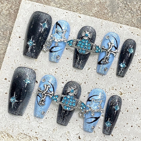 10pcs Y2k Style Press On Nails Handmade Flash Blue False Nail Patches With Glossy Diamond Cross Designs Detachable Fake Nails