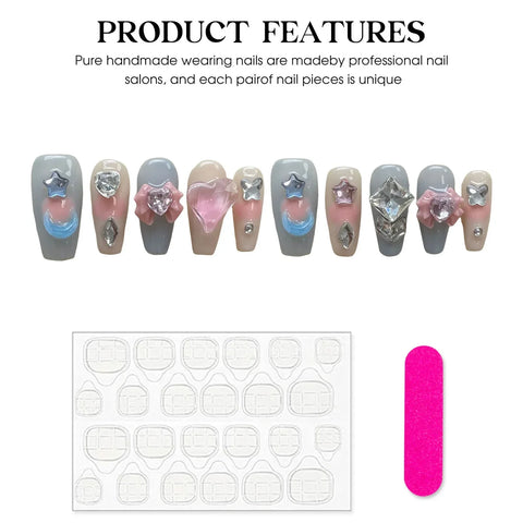 10pcs Candy Color Handmade False Nails 3D Moon Star Bowknots Glossy Diamond Decor Press On Nails Sweet Fashion Fake Nail Patches