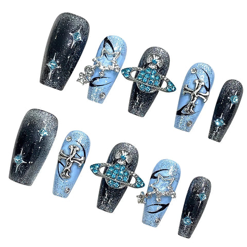 10pcs Y2k Style Press On Nails Handmade Flash Blue False Nail Patches With Glossy Diamond Cross Designs Detachable Fake Nails