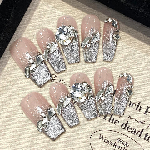 10pcs Handmade Press On Nails Flash Cat's Eye Nude Color Fake Nail Patches French Style Glossy Rhinestone Decor Fake Nail Tips