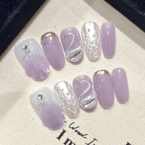 10pcs Handmade Mermaid Fake Nails Short Almond Glossy Cat's Eye Press On Nail With 3D Swan Designs Purple French False Nail Tips