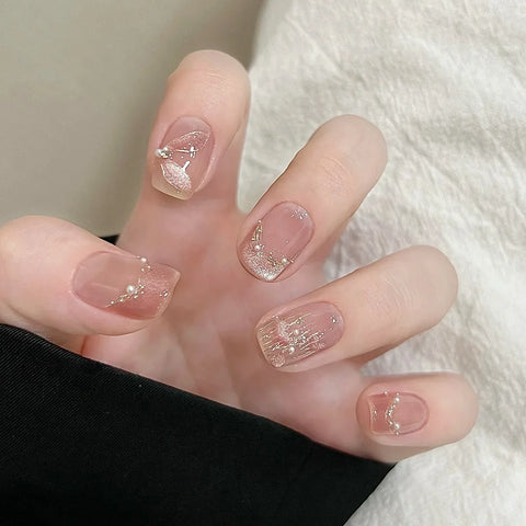 10pcs Short Round Head Handmade False Nails Pink French Style Cat's Eye Press On Nails With Pearl Rhinestone Designs Fake Nail