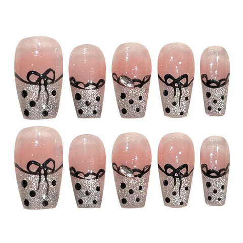 10pcs Short Square False Nails Handmade Blush Pink Press On Nails French Style Lace Wave Point Bowknots Designs Fake Nail Art