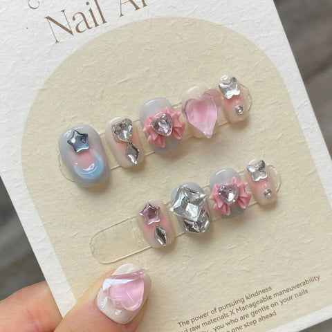 10pcs Candy Color Handmade False Nails 3D Moon Star Bowknots Glossy Diamond Decor Press On Nails Sweet Fashion Fake Nail Patches