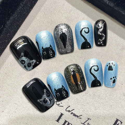 10pcs Glossy Blue Black False Nails Handmade Flash Short Square Fake Nail Patches Hand Painted Cute Cat Designs Press On Nails