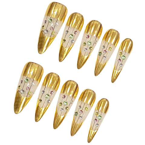 10pcs Handmade Gold False Nails Light Luxuru Press On Nails With Flash Diamond Designs Detachable Long Almond Fake Nail Patches