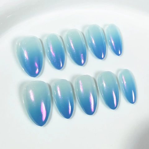 10pcs Solid Color Handmade Press On Nails Gadient Aurora Blue Short Almond False Nails Ins Simple Summer Fresh Fake Nail Patch
