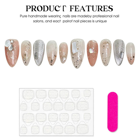 10pcs Handmade Almond Fake Nail Tips Glitter Almond Cat's Eye Press On Nail Glossy Rhinestone Sequins Designs False Nails Art