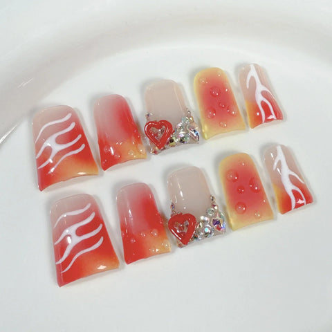 10pcs Handmade Press On Nail Gradient Vitality Orange French Style Fake Nails Y2k Star 3D Carving Flower Decor Summer False Nail