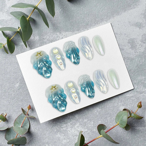 10pcs 3D Summer Handmade Fake Nails Glossy French Style Press On Nail Fflash Shells Pearl Golden Star Designs Press On Nails